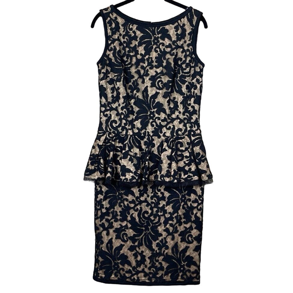 Tadashi Shoji Sleeveless Peplum Sheath Dress Black Lace Tan Lining Sz 4